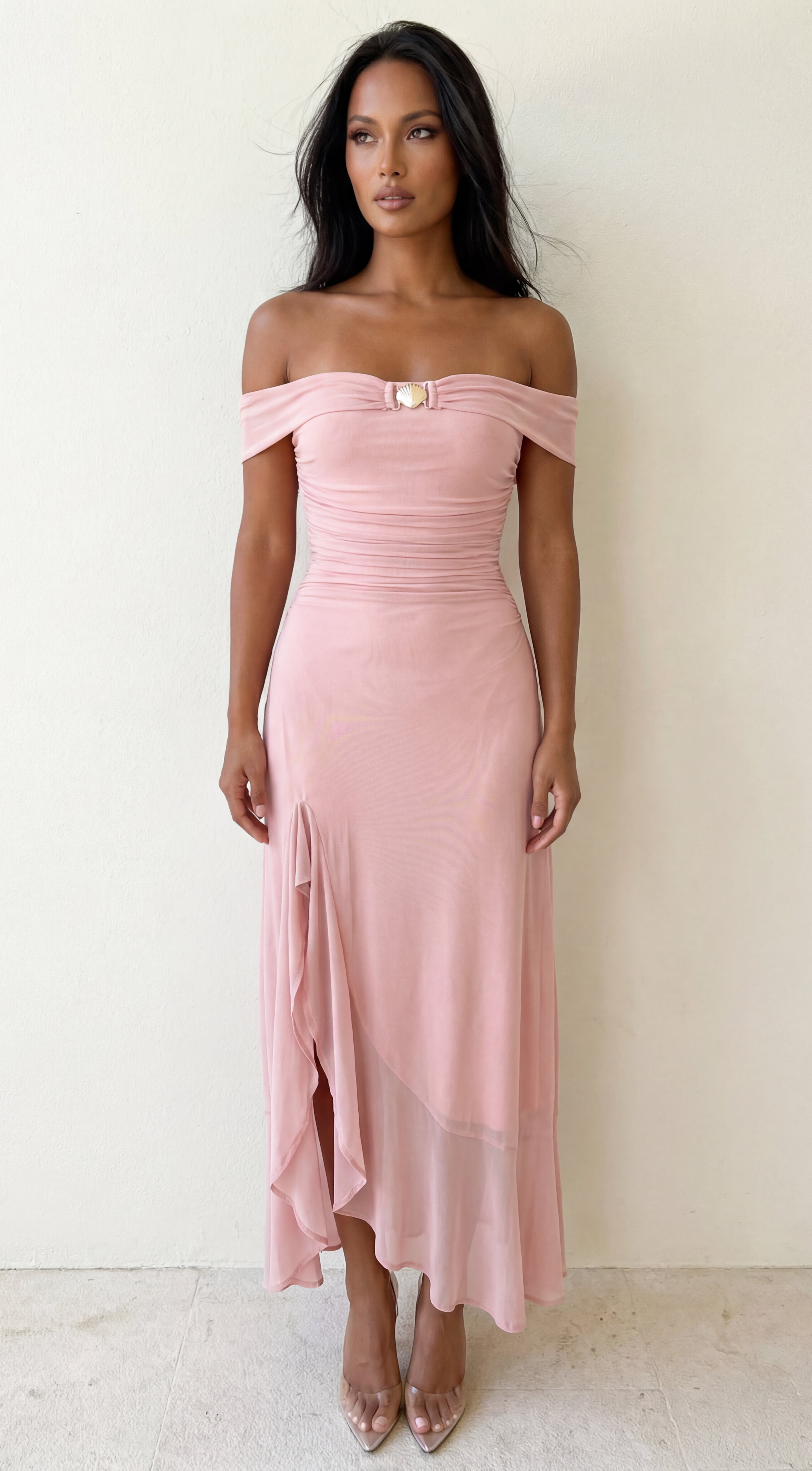 Calie Off Shoulder Mesh Maxi Dress - Pink