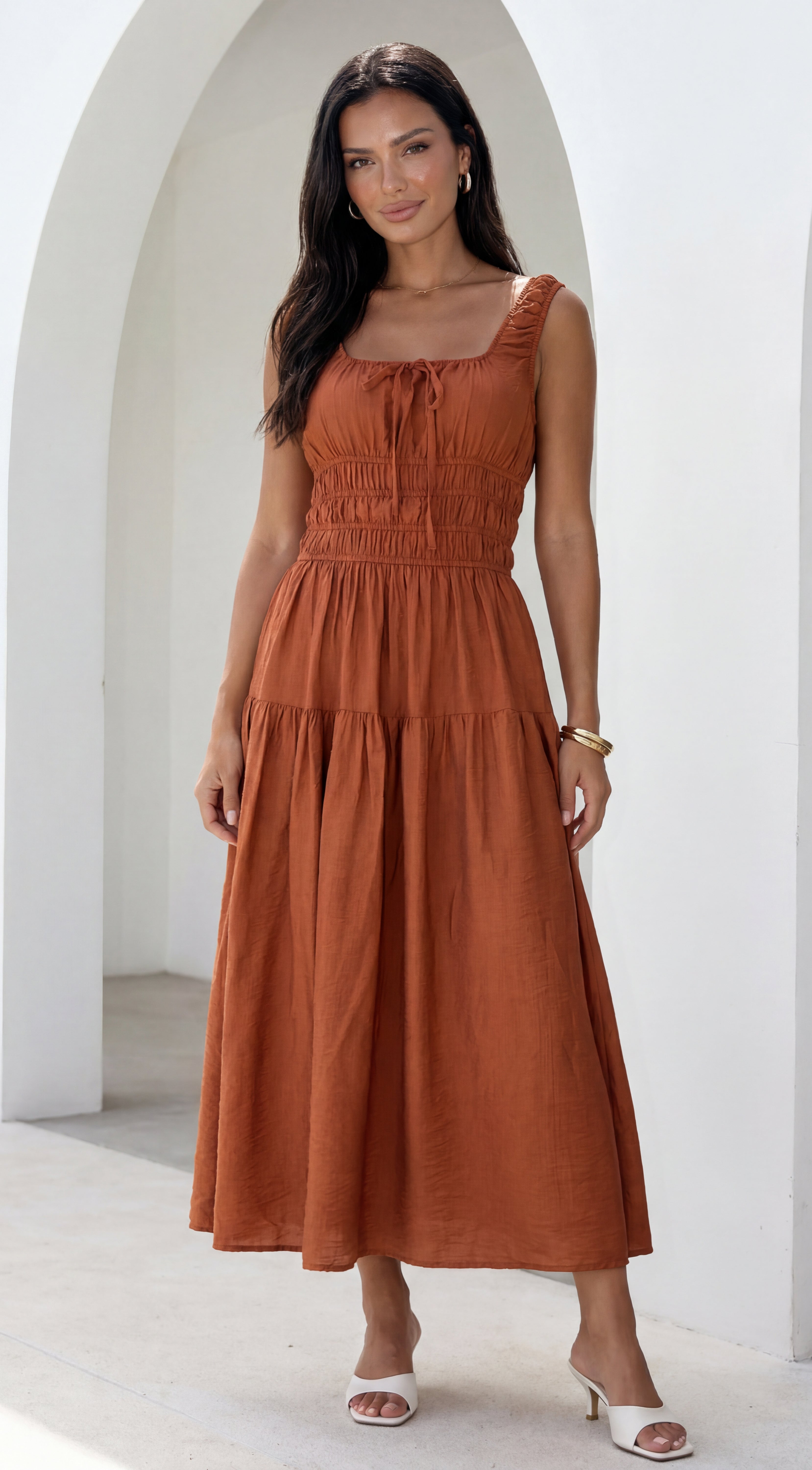 Celesta Midi Dress - Rust Brown