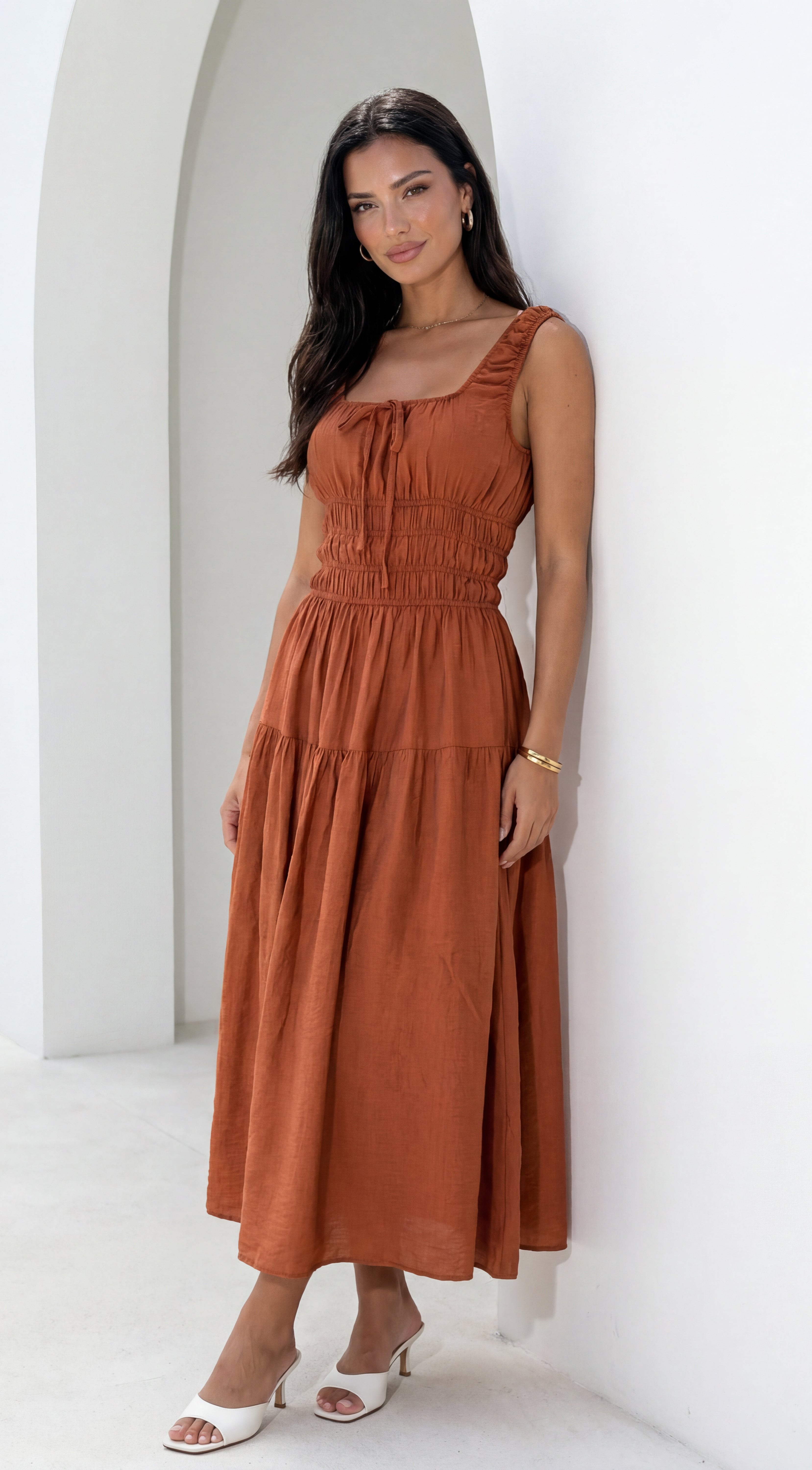 Celesta Midi Dress - Rust Brown