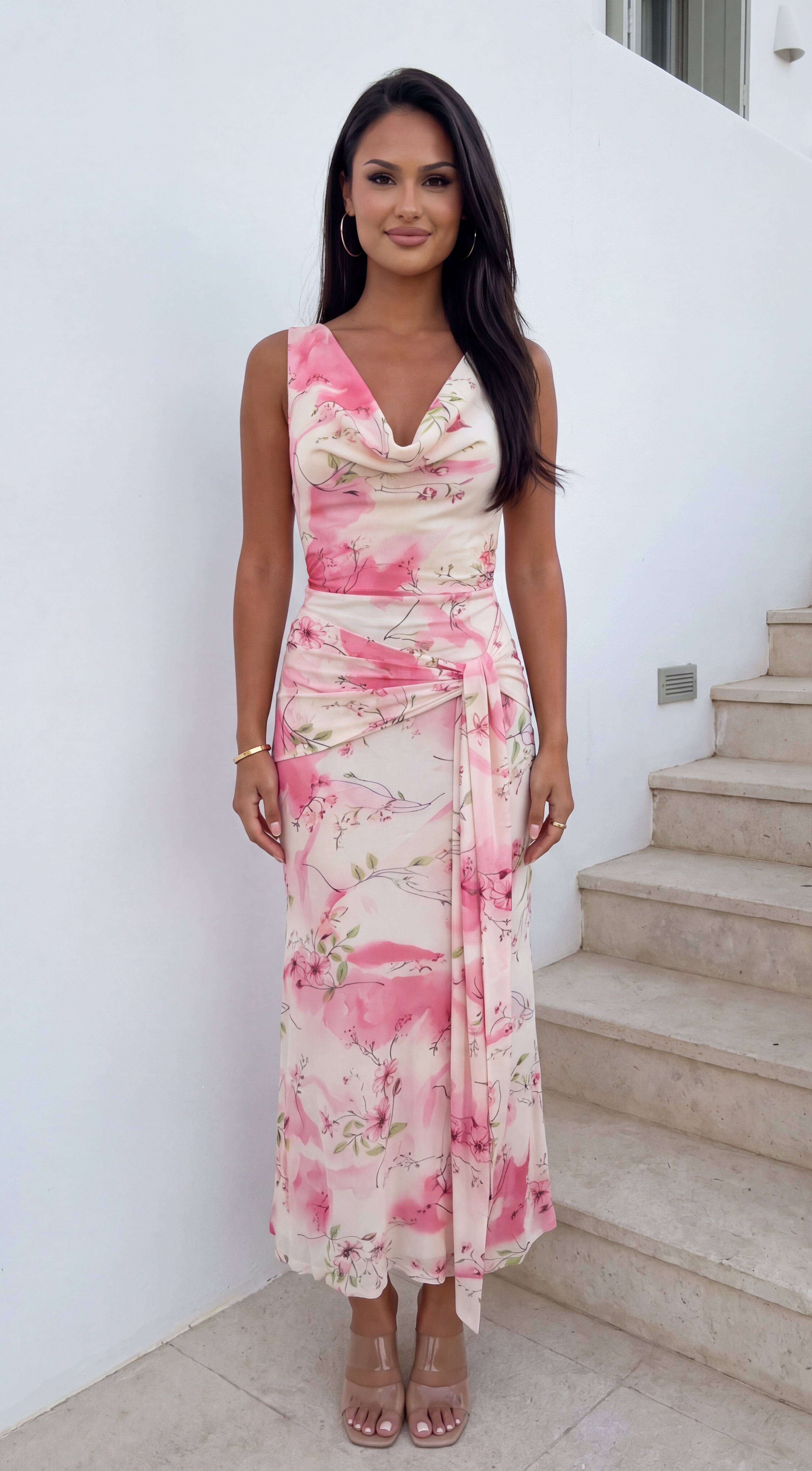 Blush Petal Floral Drape Maxi Dress - Pink Multi