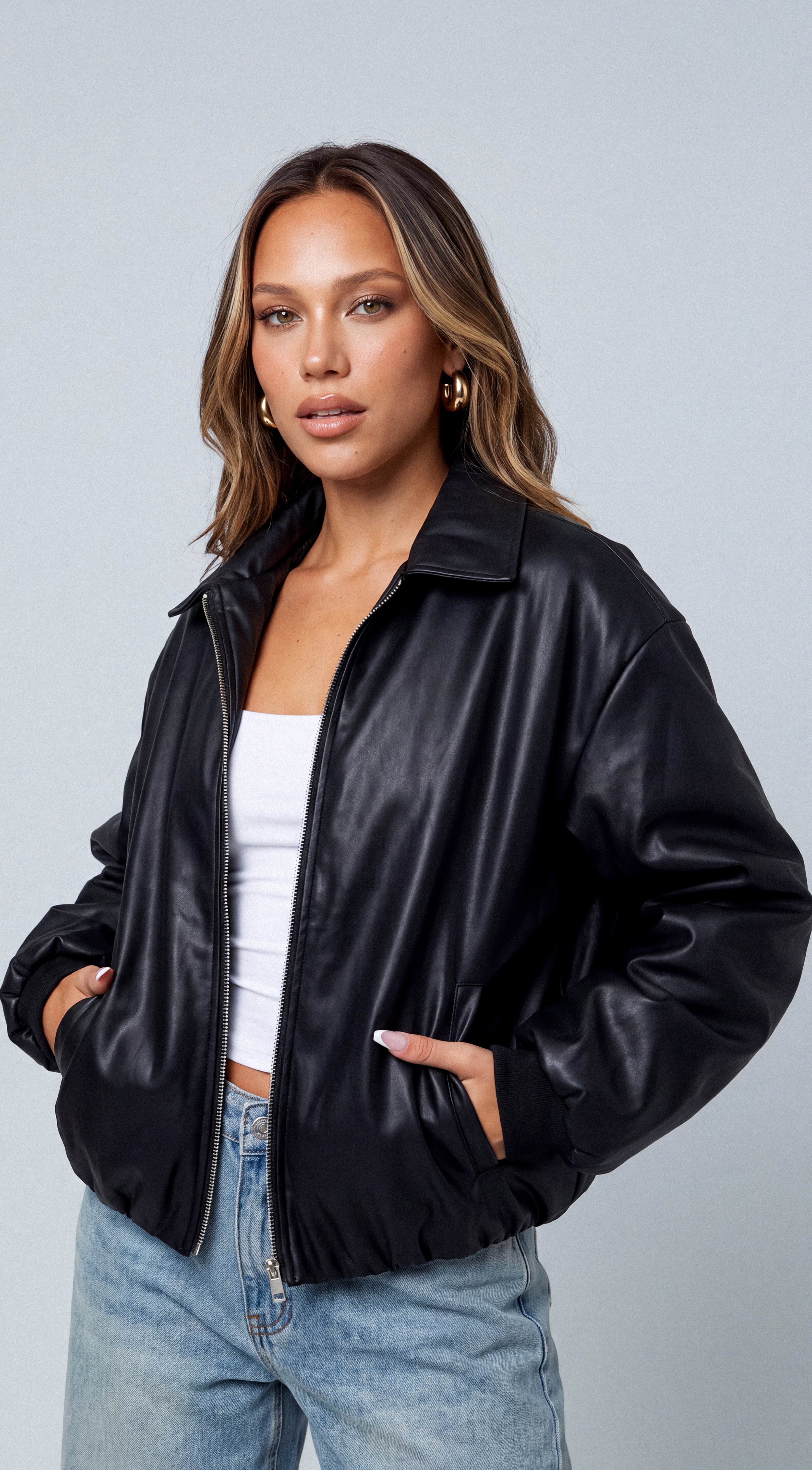 Brooklyn Faux Leather Puffer Bomber Jacket - Black