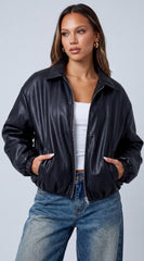 Brooklyn Faux Leather Puffer Bomber Jacket - Black