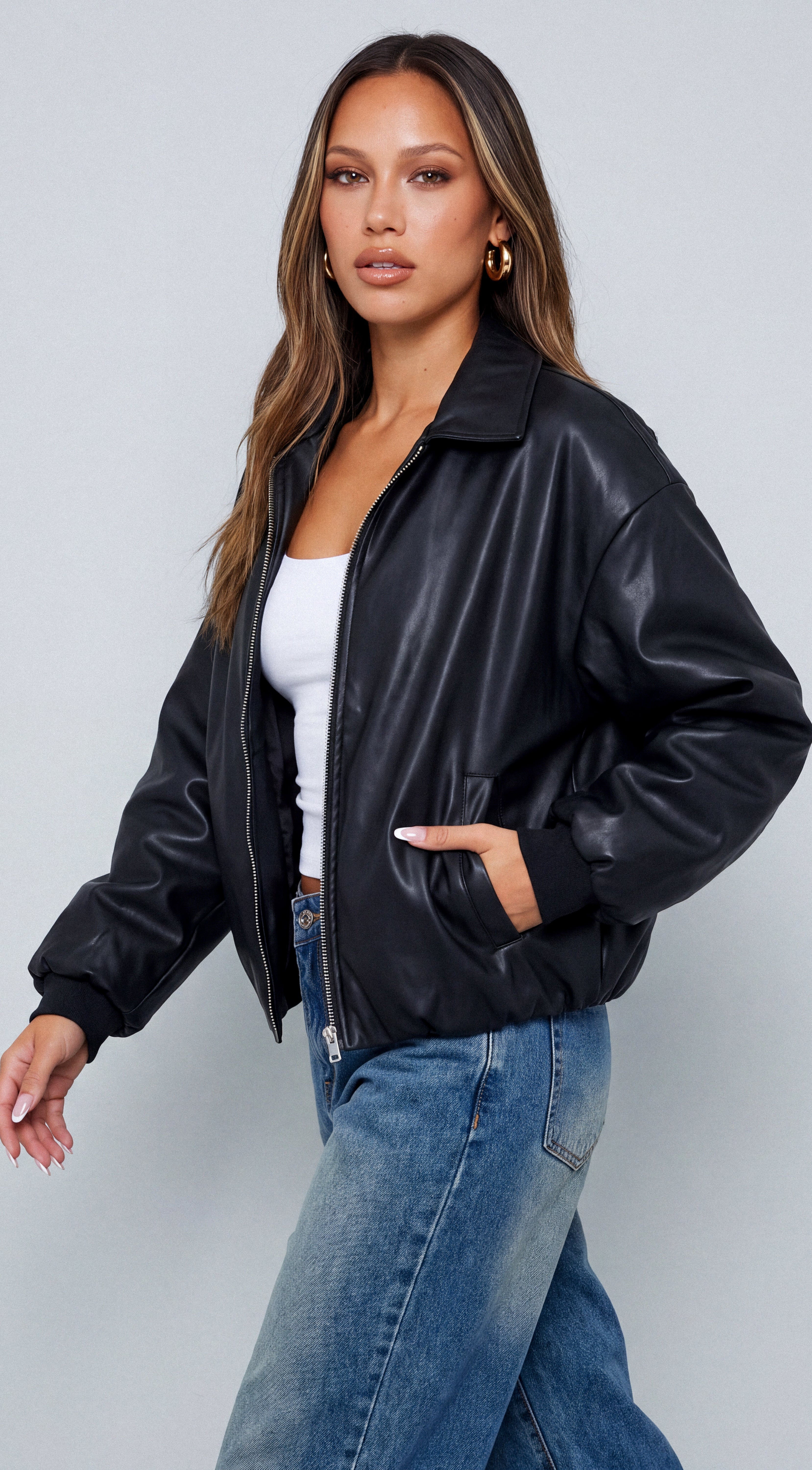 Brooklyn Faux Leather Puffer Bomber Jacket - Black