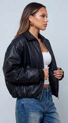 Brooklyn Faux Leather Puffer Bomber Jacket - Black