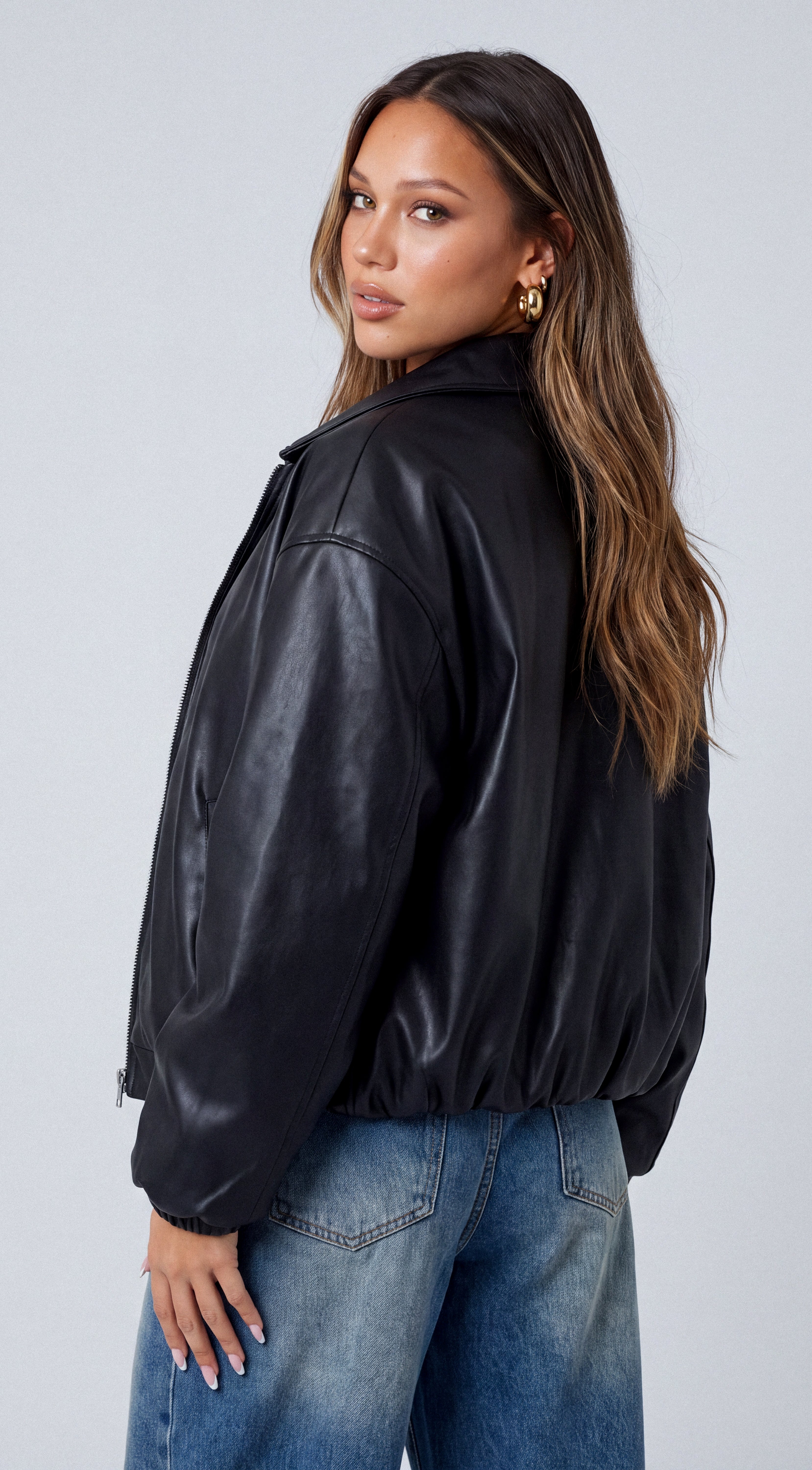 Brooklyn Faux Leather Puffer Bomber Jacket - Black