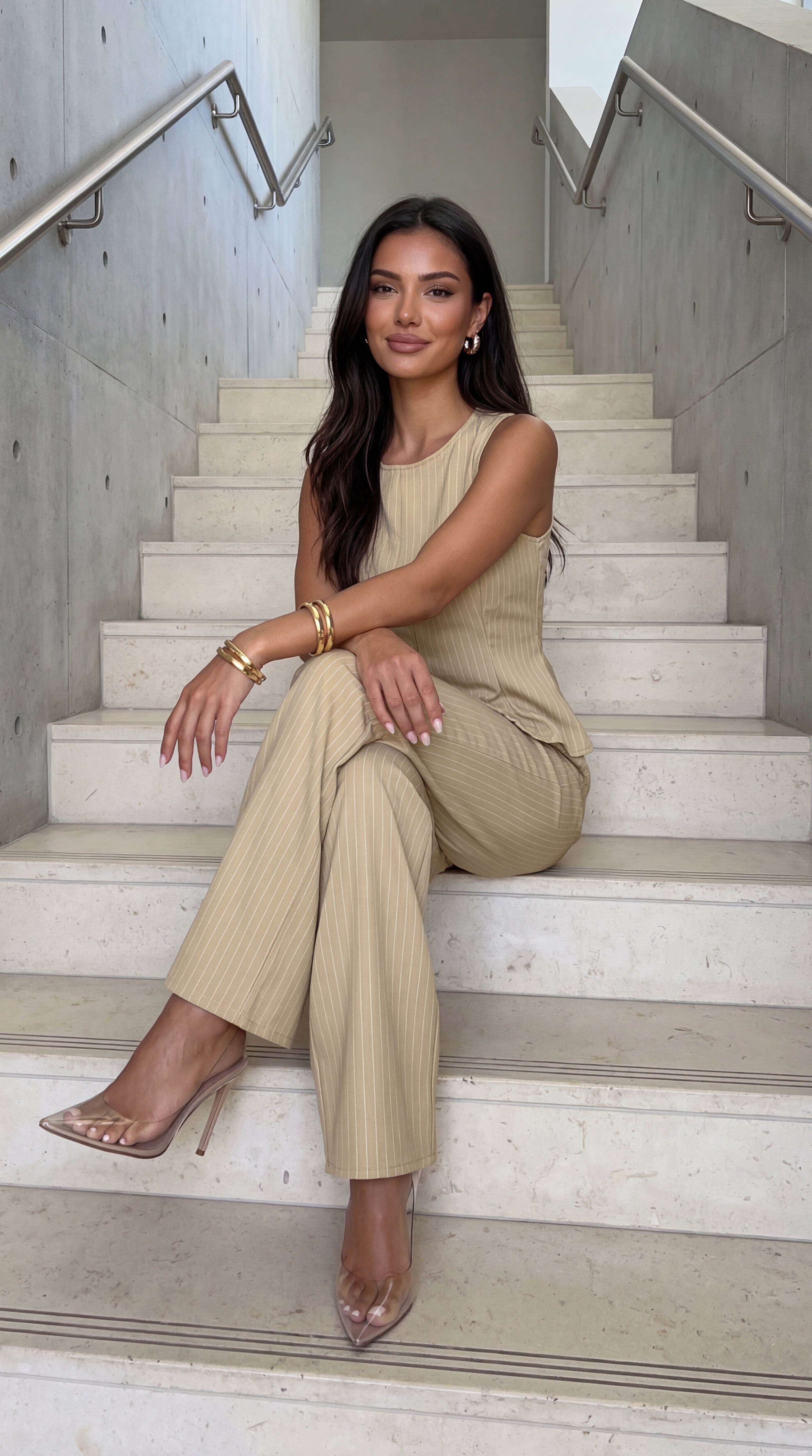 Avelora Pinstripe Tailored Set - Beige