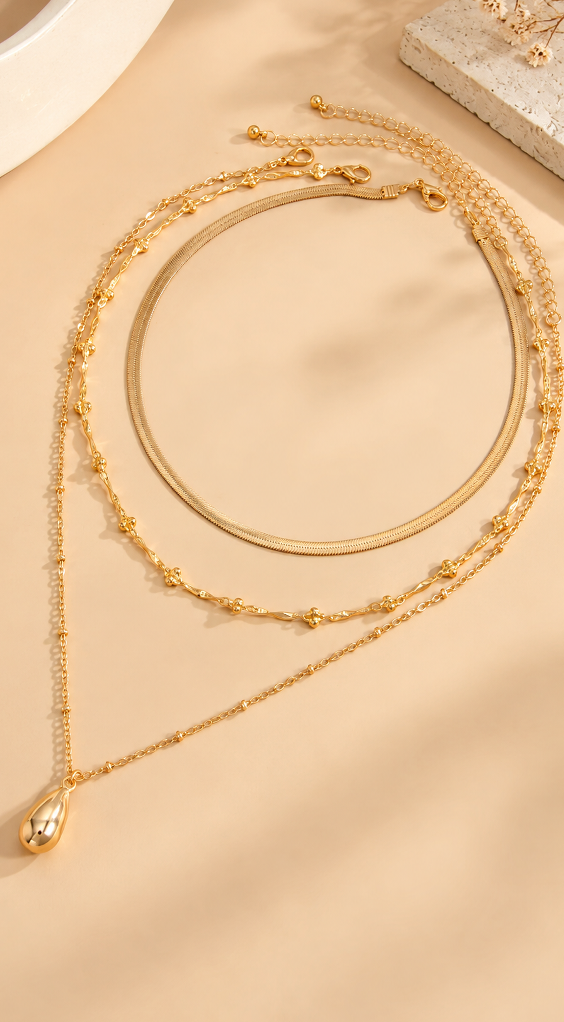 Calista 3 Layered Teardrop Chain Necklace  - Gold