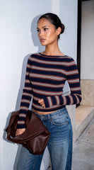 Aurette Stripe Boat Neck Sweater - Navy Multi