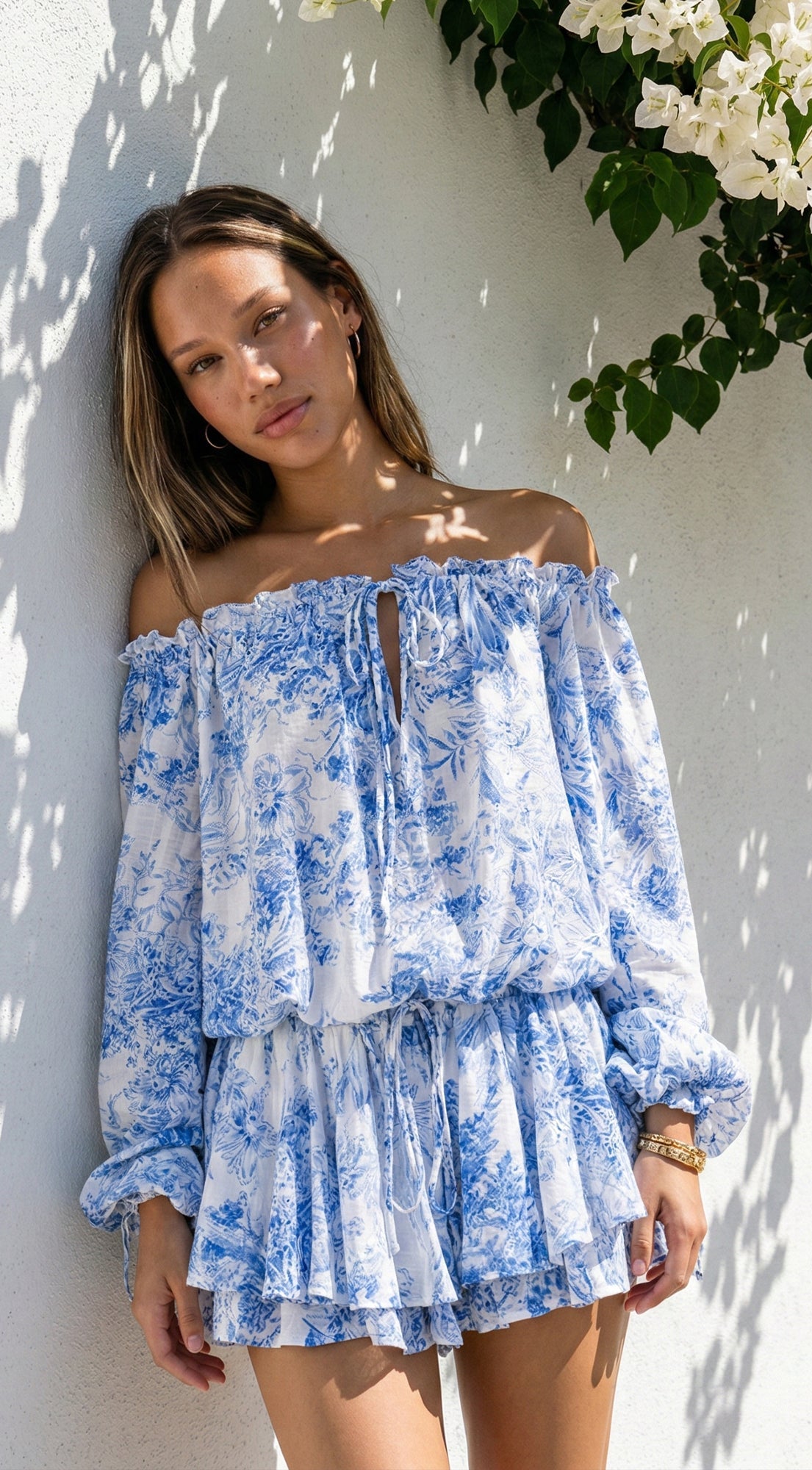 Bahama Floral Off Shoulder Ruffle Mini Dress - Blue