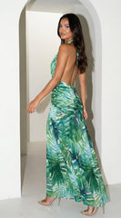 Capri Halter Tropical Print Maxi Dress - Aqua Green